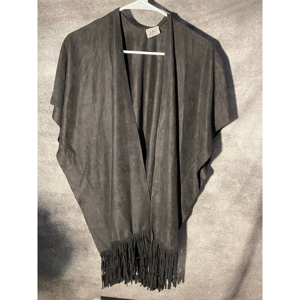 Lulla Collection by BINDYA Women's Black Fringe Open Front Kimono Cape Size L